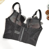 Crop Top with Built-in Bra as Outerwear Women Lace Mesh Cropped Sexy Wide Straps Corset Push Up Bustier