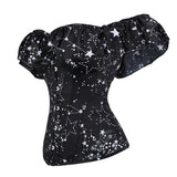 Off Shoulder Sexy Black Waist Cincher Overbust Steel Boned Prints Bustier Lace up Back Lingerie Corset