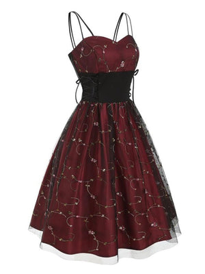 Mesh Embroidery Lace Up Side High Waist Vintage Corset Dresses Women Fit and Flare Elegant Party Pleated Retro Cami Dress