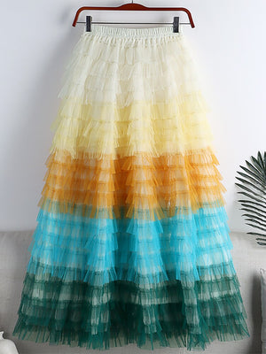 Women Gradient Color Sweet Tiered Ball Gown Tulle Skirt Elastic High Waist A Line Midi Long Skirt