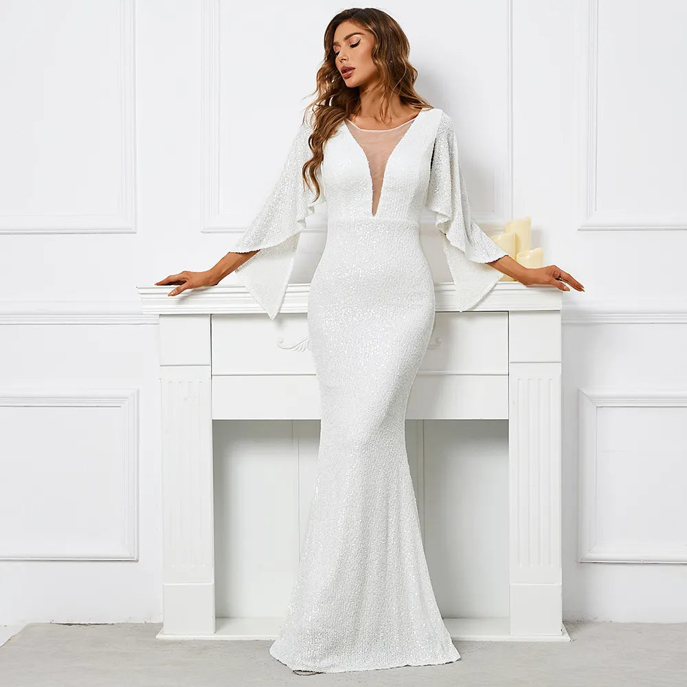 Women White Sequin Long Prom Dress V Neck Evening Dress Elegant Party –  FashionLoveHunter