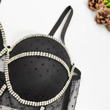 2022 Harness Corset Nightclub Crop Top Rhinestones Bra See Through Women Top With Cups Push Up Bustier