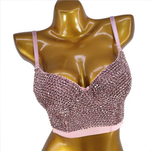 Bustiers with Built-in Bra Corset Sexy Pink Rhinestone Nightclub Show Female Crop Top Women Tops Push Up Bralette