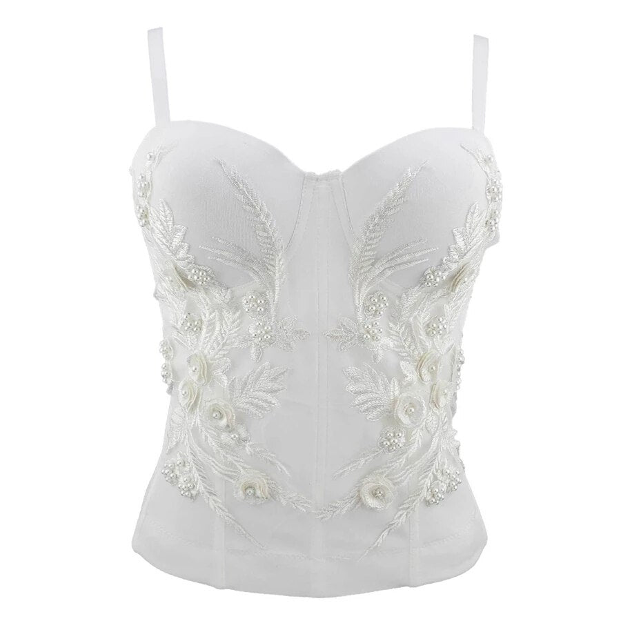 Embroidery Long Corset Sexy Crop Top Women Solid Camis Tops With Built In Bra Push Up Bustier