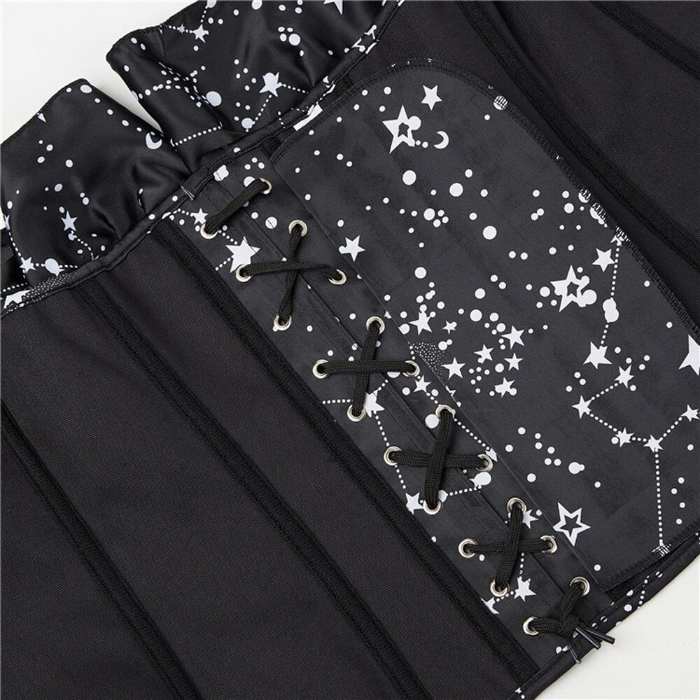 Off Shoulder Sexy Black Waist Cincher Overbust Steel Boned Prints Bustier Lace up Back Lingerie Corset