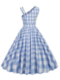 Blue and White Plaid High Waist Slim Pleated Midi Elegant Party Women Summer Vintage Dress