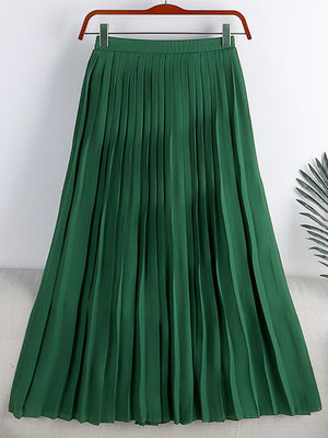 Spring Summer Women Solid Casual Flowy Chiffon Skirt Elastic High Waist Elegant Midi Pleated Skirt