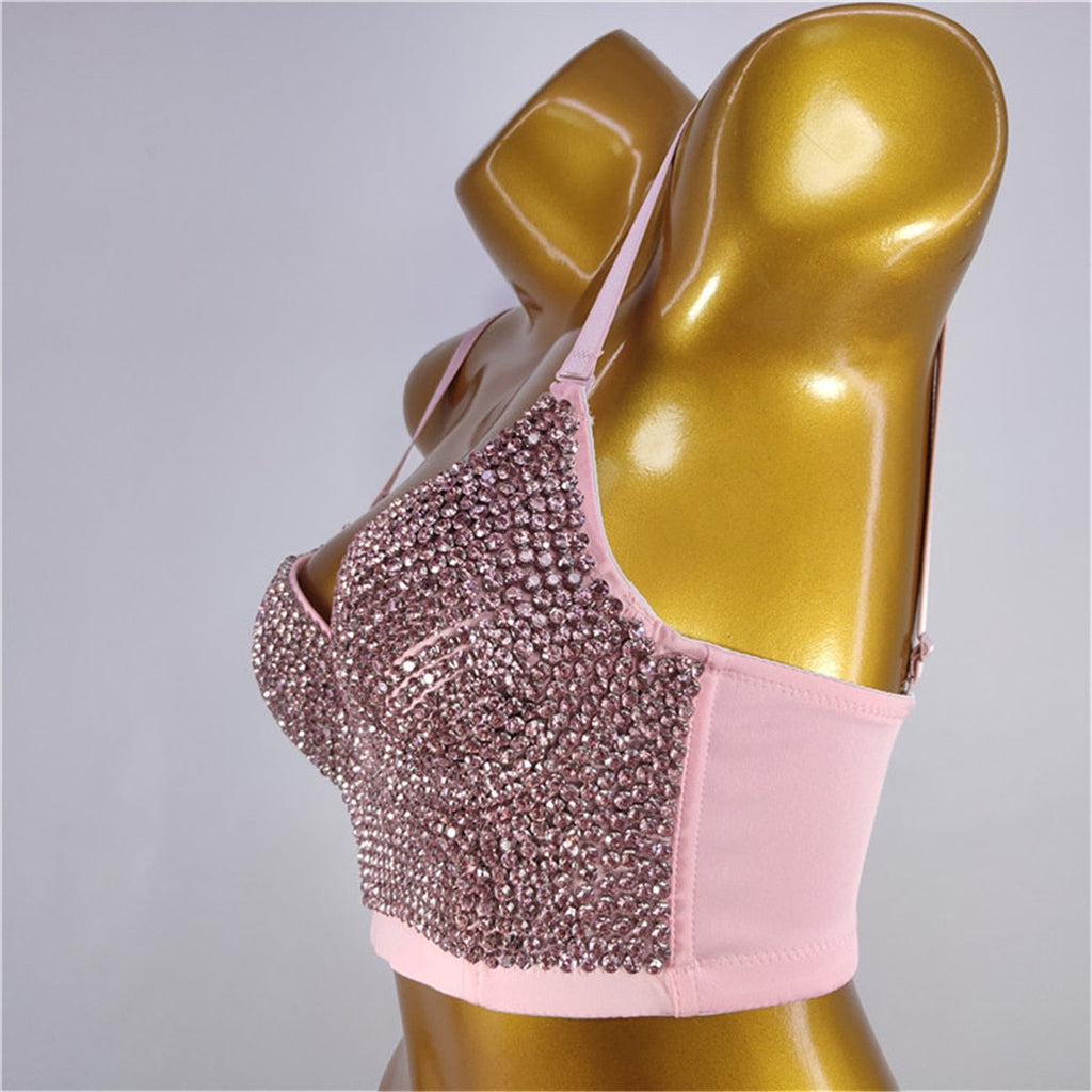Bustiers with Built-in Bra Corset Sexy Pink Rhinestone Nightclub Show Female Crop Top Women Tops Push Up Bralette