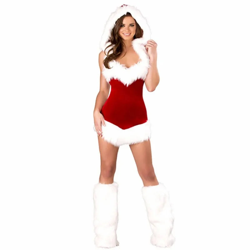 Santa Woman Red Velvet Costume Christmas Party Dress Sexy Skirt Cosplay Santa Hoodie Clothing Adult Christmas Hat Uniform Gift