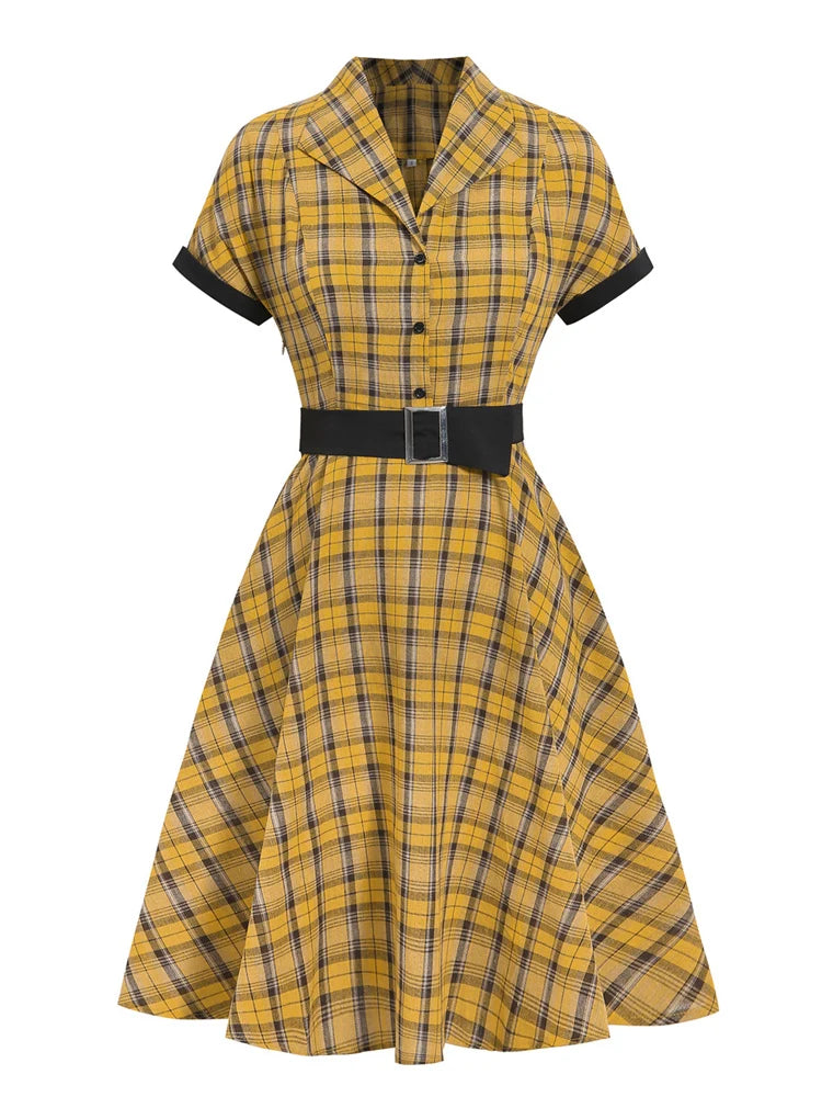 Yellow Plaid Rockabilly 50s Vintage A-Line Dresses Summer Women Turn D –  FashionLoveHunter