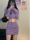 2pcs/set Summer Purple Women Sexy Patchwork Knitted Sweater Set Korean Kawaii Crop Top+mini Skirt