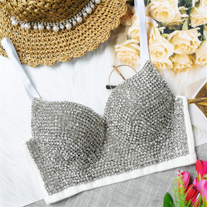 Bustier Lingerie Sexy Removable Strap Rhinestones Shiny Corset Night Club Party Crop Top Push Up Bra
