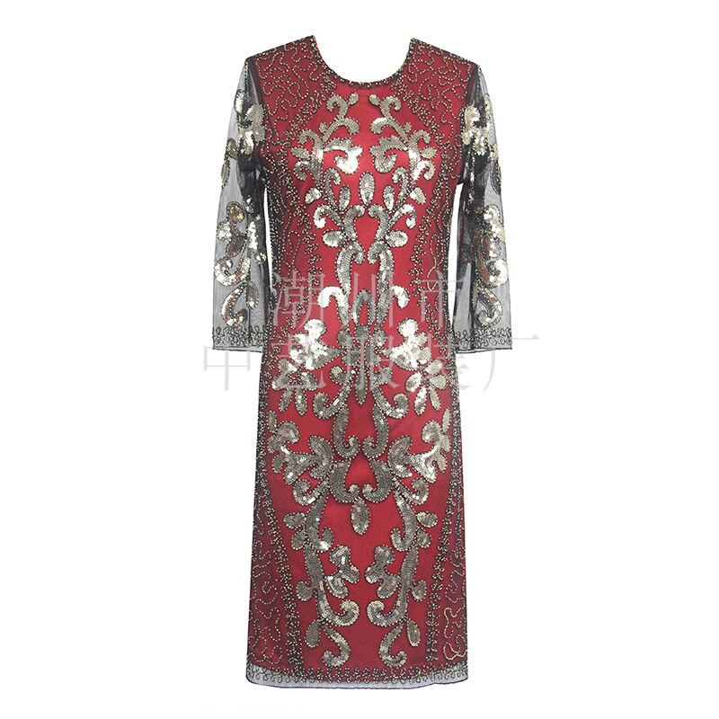 O Neck Formal Half Sleeve Women 1920s Vintage Gowns Tea Length Sequins Tulle Evening Dress