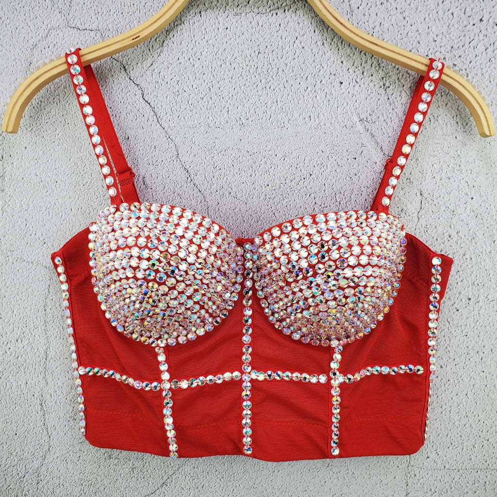 Sexy Crop Top Built In Bra Acrylic Shine Nightclub Party Women Top With Cups Push Up Bralette Female Corset Mesh Camis