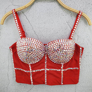 Sexy Crop Top Built In Bra Acrylic Shine Nightclub Party Women Top With Cups Push Up Bralette Female Corset Mesh Camis