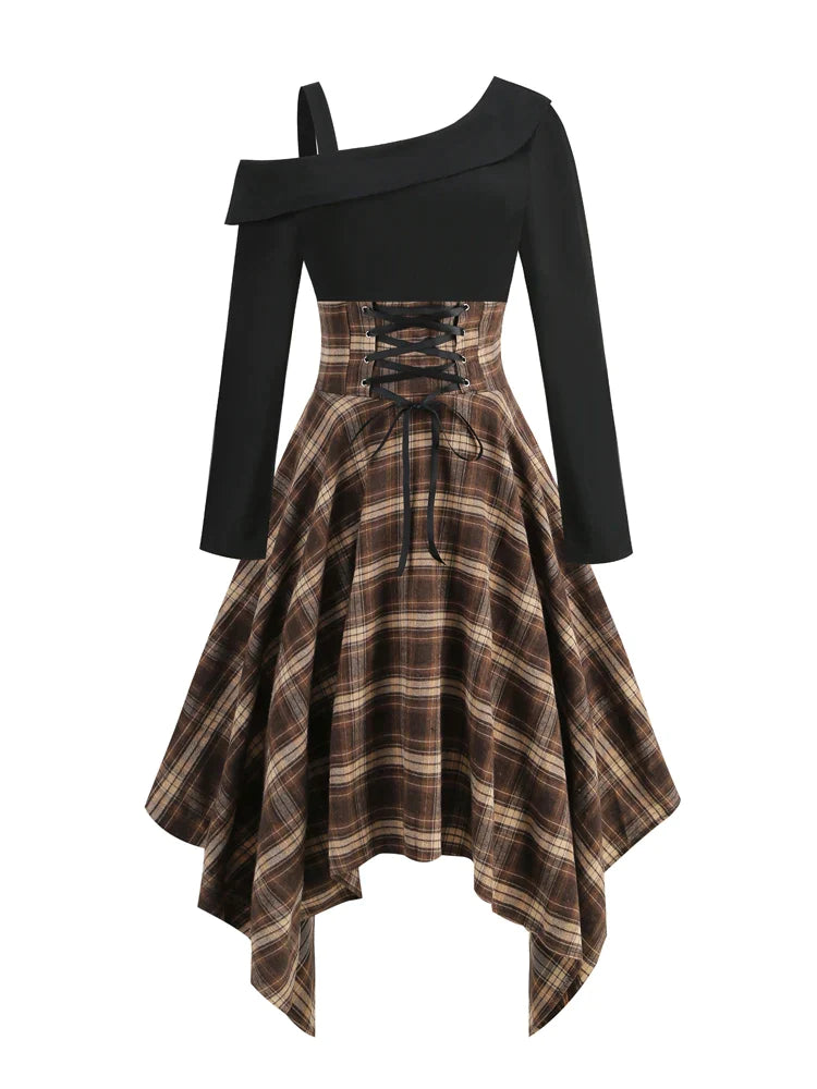 Plaid Elegant Evening Party Lace-Up Corset Dress Long Sleeve Autumn Wo FashionLoveHunter Plaid Elegant Evening Party Lace-Up Corset Dress Long Sleeve Autumn Wo FashionLoveHunter