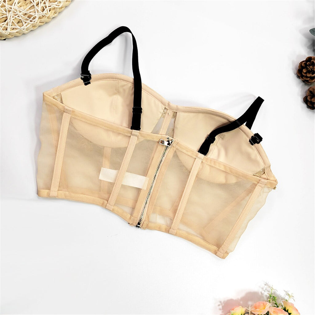 Crop Top Women Lace Mesh See Through Embroidery Sexy Cami Top With Cups Fashion Push Up Bustier Corset