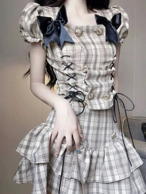 Hot Girl Plaid Suit Set Suspender Crop Top Summer Pleated Mini Skirt Fried Street Skirt Y2k Two Piece Set