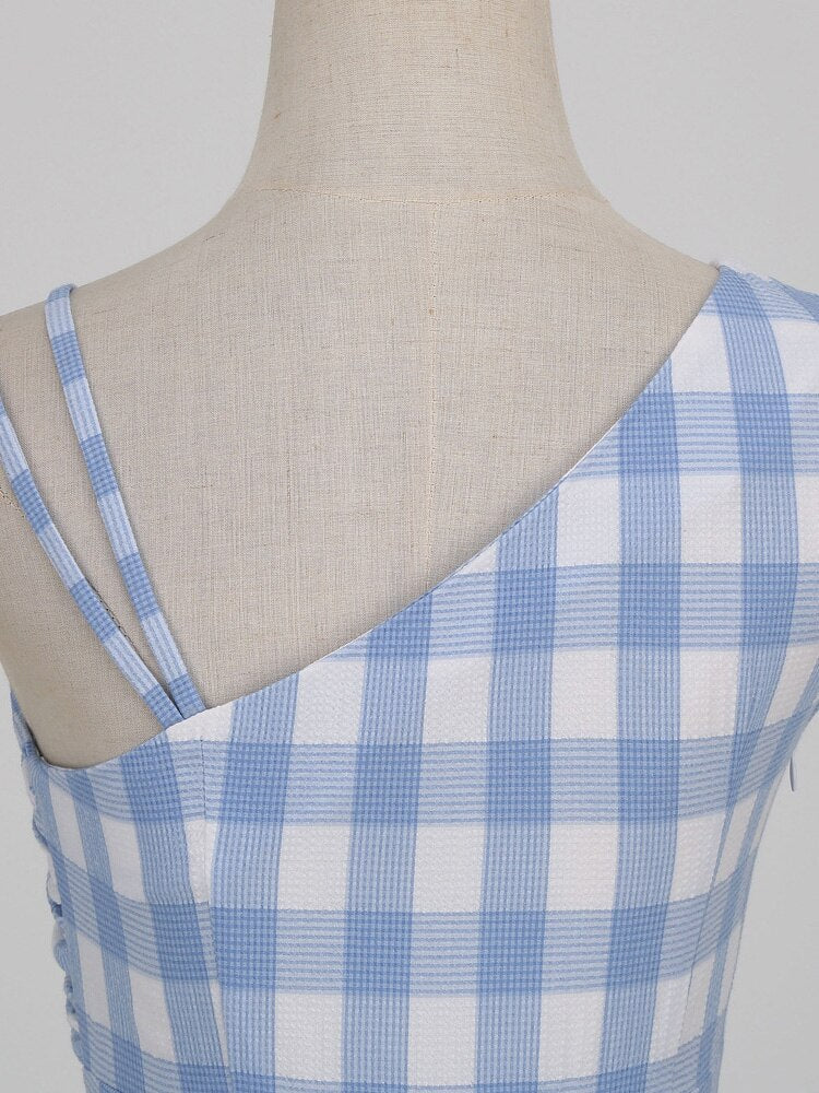 Blue and White Plaid High Waist Slim Pleated Midi Elegant Party Women Summer Vintage Dress