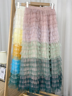 Women Gradient Color Sweet Tiered Ball Gown Tulle Skirt Elastic High Waist A Line Midi Long Skirt