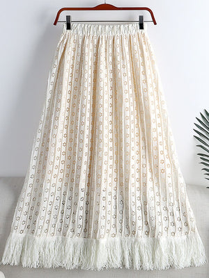 Spring Women Glitter Openwork Embroidery Skirt Elastic High Waist Fringe Hem A Line Midi Skirt