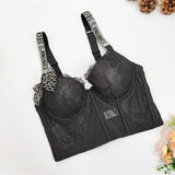 Crop Top with Built-in Bra as Outerwear Women Lace Mesh Cropped Sexy Wide Straps Corset Push Up Bustier