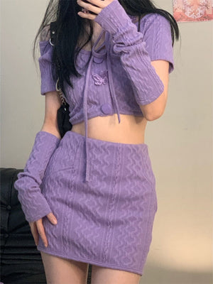 2pcs/set Summer Purple Women Sexy Patchwork Knitted Sweater Set Korean Kawaii Crop Top+mini Skirt
