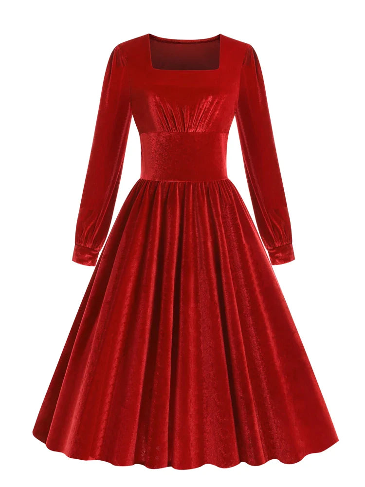 Square Neck High Waist Red Velvet Long Dresses for Women Winter Christ –  FashionLoveHunter