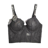 Crop Top with Built-in Bra as Outerwear Women Lace Mesh Cropped Sexy Wide Straps Corset Push Up Bustier
