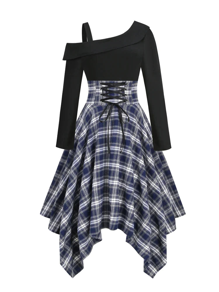 Plaid Elegant Evening Party Lace-Up Corset Dress Long Sleeve Autumn Wo –  FashionLoveHunter