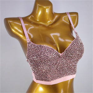Bustiers with Built-in Bra Corset Sexy Pink Rhinestone Nightclub Show Female Crop Top Women Tops Push Up Bralette