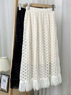 Spring Women Glitter Openwork Embroidery Skirt Elastic High Waist Fringe Hem A Line Midi Skirt