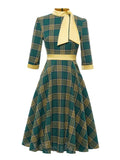 Bow Neck Green Plaid 50s Vintage 3/4 Length Sleeve Women Autumn Winter Pocket Side Retro Midi Dress