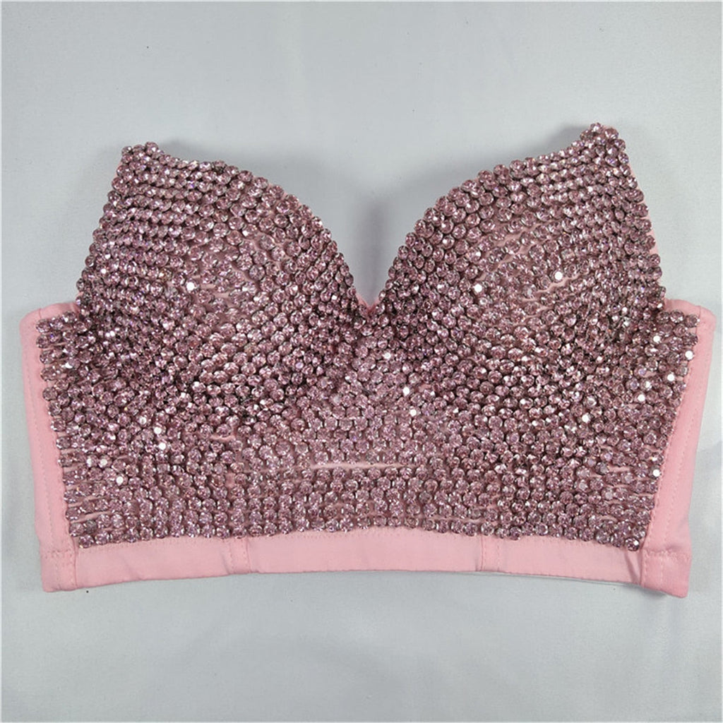 Bustiers with Built-in Bra Corset Sexy Pink Rhinestone Nightclub Show Female Crop Top Women Tops Push Up Bralette