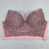 Bustiers with Built-in Bra Corset Sexy Pink Rhinestone Nightclub Show Female Crop Top Women Tops Push Up Bralette