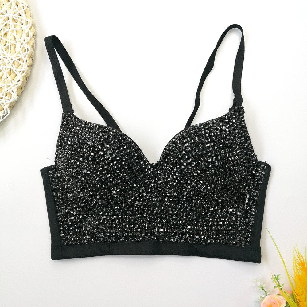 Bustier Lingerie Sexy Removable Strap Rhinestones Shiny Corset Night Club Party Crop Top Push Up Bra