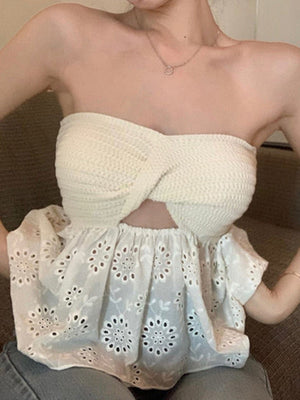 Summer Cross Cut Out Women Designer Patchwork Backless Corset Korean Chic Kawaii Party Tops