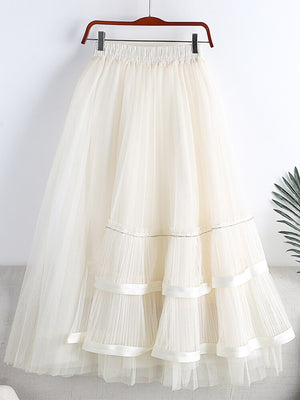 Elegant Frill Trim Mesh Patchwork Pleated Midi Long Elastic High Waist Asymmetric Tulle Skirt