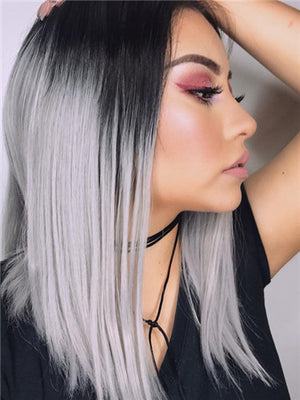 Short Black Grayish Ombre Bob Synthetic Lace Front Wig - FashionLoveHunter
