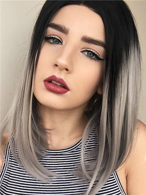 Short Black Grayish Ombre Bob Synthetic Lace Front Wig - FashionLoveHunter