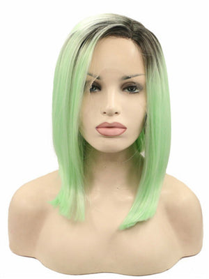 Short Black To Bright Mint Green Bob Synthetic Lace Front Wig - FashionLoveHunter