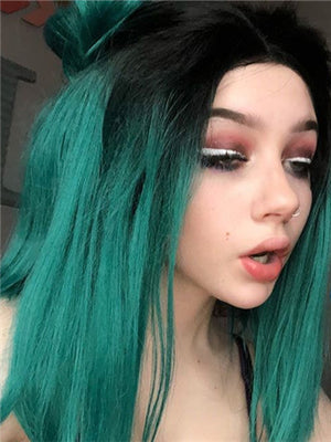 Short Black To Green Ombre Bob Synthetic Lace Front Wig - FashionLoveHunter