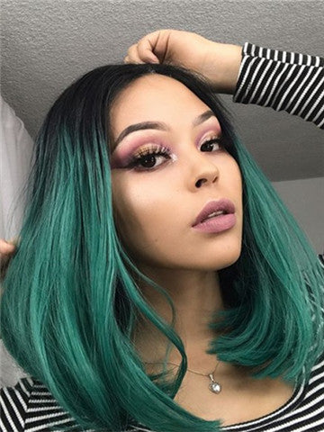 Short Black To Green Ombre Bob Synthetic Lace Front Wig - FashionLoveHunter