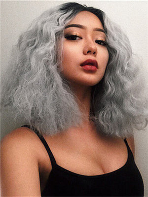 Short Black To Grey Bob Curly Shaun Synthetic lace front wig - FashionLoveHunter