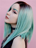 Short Black To Mint Green Bob Synthetic Lace Front Wig - FashionLoveHunter