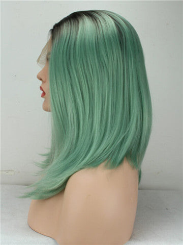 Short Black To Mint Green Bob Synthetic Lace Front Wig - FashionLoveHunter