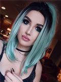 Short Black To Mint Green Bob Synthetic Lace Front Wig - FashionLoveHunter
