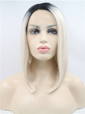 Short Bleach Blonde Ombre Straight Bob Synthetic Lace Front Wig - FashionLoveHunter