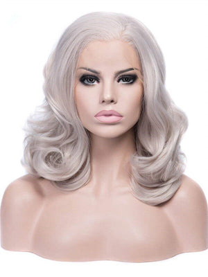 Short Cool Silver Grey Wavy Synthetic Lace Front Wig