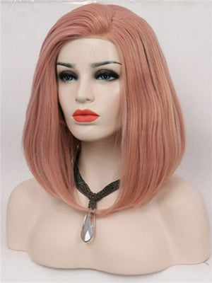 Short Coral Pink Bob Synthetic Lace Front Wig - FashionLoveHunter